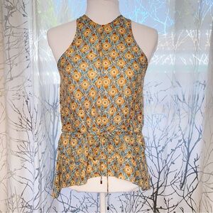 DEREK LAM 10 CROSBY brown tan blue floral print waist tie ruffle hem silk top